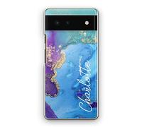 Hairyworm Personalised Case For Google Pixel Phones, 5, 6 (5G), 6 Pro (5G), 6A (5G), 7 (5G), 8, 8A, 9, Custom Plastic Hard Cover, White Side Name Purple Blue Marble Phone Case, Initial Phone Case