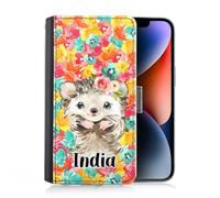 Hairyworm Personalised Case For Samsung Galaxy A Phones, A16, A26, A36, A52, A52S, A54, A55, A56, Custom PU Leather Flip Cover, Multicolour Flower Hedgehog Phone Case with Name, Initial Phone Case