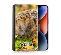 Hairyworm Personalised Case For Samsung Galaxy A Phones, A16, A26, A36, A52, A52S, A54, A55, A56, Custom PU Leather Flip Cover, Moss Hedgehog Phone Case with Name, Initial Phone Case