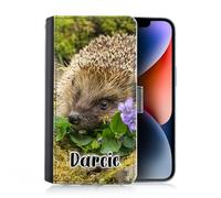 Hairyworm Personalised Case For Samsung Galaxy A Phones, A16, A26, A36, A52, A52S, A54, A55, A56, Custom PU Leather Flip Cover, Purple Flower Hedgehog Phone Case with Name, Initial Phone Case