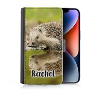 Hairyworm Personalised Case For Samsung Galaxy A Phones, A16, A26, A36, A52, A52S, A54, A55, A56, Custom PU Leather Flip Cover, Water Reflection Hedgehog Phone Case with Name, Initial Phone Case