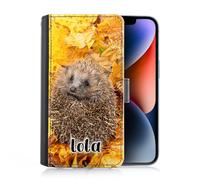 Hairyworm Personalised Case For Samsung Galaxy A Phones, A16, A26, A36, A52, A52S, A54, A55, A56, Custom PU Leather Flip Cover, Autumn Leaf Hedgehog Phone Case with Name, Initial Phone Case