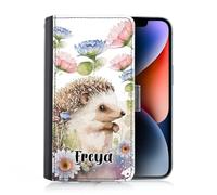 Hairyworm Personalised Case For Samsung Galaxy A Phones, A16, A26, A36, A52, A52S, A54, A55, A56, Custom PU Leather Flip Cover, Watercolour Flower Hedgehog Phone Case with Name, Initial Phone Case
