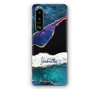 Hairyworm Personalised Case For Sony Xperia Phones, 10 IV, 5 IV,1, L3, L4, Custom Plastic Hard Cover, Black Name Grey Marble Gren Galaxy Star Phone Case, Initial Phone Case