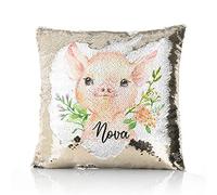 Hairyworm Personalised Cushion, Champagne, Silver, Blue, Red or Gold Squin Flip Square Cushion Customised with Initial/Name/Text, Pink Pig Flowers Design, Square Pillow