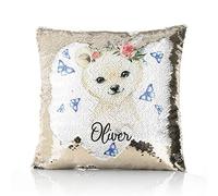 Hairyworm Personalised Cushion, Champagne, Silver, Blue, Red or Gold Squin Flip Square Cushion Customised with Initial/Name/Text, Polar Bear Butterfly Design, Square Pillow