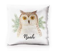 Hairyworm Personalised Cushion Cover with Filling Optional, Pink, Champagne, White Glitter Square Cushion Customised with Initial/Name/Text, Brown Owl Pine Tree Design