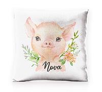Hairyworm Personalised Cushion Cover with Filling Optional, Pink, Champagne, White Glitter Square Cushion Customised with Initial/Name/Text, Pink Pig Flowers Design