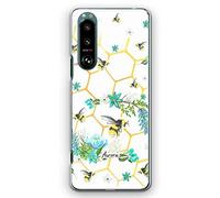 Hairyworm Personalised Initial Phone Case For Sony Xperia Phones, 10 IV, 5 IV,1, L3, L4, Black name on Blue Flower Bumble Bee Hive Hard Phone Cover, Bee Phone Case
