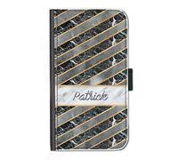 Hairyworm Personalised Initials Leather Case Black and Grey Marble Stripe Name Side Flip Wallet Cover For Apple iPod touch (6th generation)