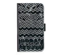Hairyworm Personalised Initials Leather Case Black and White Marble Aztec Print Name Side Flip Wallet Cover For Apple iPod touch (6th generation)