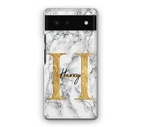 Hairyworm Personalised Initials Phone Case For Google Pixel 7, 6, 5, 4, 3, Grey Marble with Yellow Initial and Brushstroke Name, Marble Print Hard Phone Cover, Slim Line Design