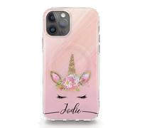 Hairyworm Personalised Initials Phone Case For Google Pixel Phones, 5, 6 (5G), 6 Pro (5G), 6A (5G), 7 (5G), 8, 8A, 9, Black Name and Unicorn on Pink Marble Hard Phone Cover, Unicorn Case