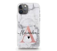 Hairyworm Personalised Initials Phone Case For Google Pixel Phones, 5, 6 (5G), 6 Pro (5G), 6A (5G), 7 (5G), 8, 8A, 9, White and Grey Marble with Custom Pink Initial and Black Heart Name, Marble Print