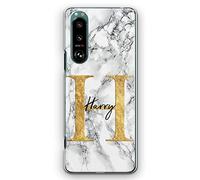 Hairyworm Personalised Initials Phone Case For Sony Xperia Phones, 10 IV, 5 IV,1, L3, L4, Grey Marble with Yellow Initial and Brushstroke Name, Marble Print Hard Phone Cover