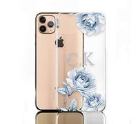 Hairyworm Personalised Initials Phone Case ForHuawei P Phones, P Smart, P9, P20, P30, P40 Pro, Lite, Ice Blue Roses with Grey Initials on Clear Hard Phone Cover, Flower Case, Floral Print Cover