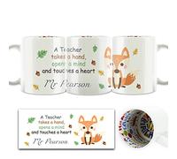 Hairyworm Personalised Mug and Belgian Milk Chocolate/Hot Chocolate Stirrer Marshmallow Gift Set,(11oz) Thank You, Birthday Mug with Name on Teacher Heart Fox Design, Teacher Mug, School Mug