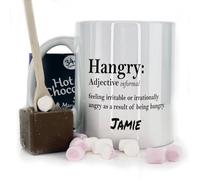Hairyworm Personalised Mug and Belgian Milk Chocolate/Hot Chocolate Stirrer Marshmallow Gift Set,(11oz) White, Blue, Black, Pink Mug, Funny Hangry Coffee Mug with Name