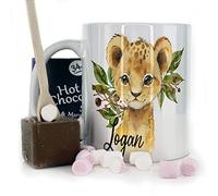 Hairyworm Personalised Mug and Belgian Milk Chocolate/Hot Chocolate Stirrer Marshmallow Gift Set, Custom Name (11oz) Thank You, Love You, Happy Birthday Mug with Lion Olive Branch Design
