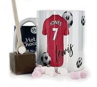 Hairyworm Personalised Mug and Belgian Milk Chocolate/Hot Chocolate Stirrer Marshmallow Gift Set, Customised with Name/Number/Text, (11oz) White, Yellow, Blue, Black, Pink Mug with Red Football Shirt