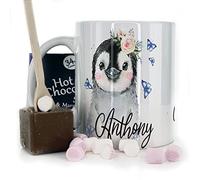 Hairyworm Personalised Mug and Belgian Milk Chocolate/Hot Chocolate Stirrer Marshmallow Gift Set, Custom Name (11oz) White, Yellow, Blue, Black, Pink Mug with Penguin Butterfly Design