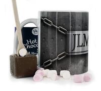 Hairyworm Personalised Mug and Belgian Milk Chocolate/Hot Chocolate Stirrer Marshmallow Gift Set, Custom (11oz) White Mug Customised with Initials, Grey Metal Chain Texture Print, Mug for Men
