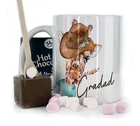 Hairyworm Personalised Mug and Belgian Milk Chocolate/Hot Chocolate Stirrer Marshmallow Gift Set, Customised with Name and Text, (11oz) White, Yellow, Blue, Black, Pink Mug with Cowboy Giraffe Design