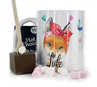 Hairyworm Personalised Mug and Belgian Milk Chocolate/Hot Chocolate Stirrer Marshmallow Gift Set, Custom Name (11oz) Thank You, Love You, Happy Birthday Mug with Red Fox & Hearts Design