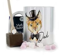 Hairyworm Personalised Mug and Belgian Milk Chocolate/Hot Chocolate Stirrer Marshmallow Gift Set, Customised with Name and Text, (11oz) White, Yellow, Blue, Black, Pink Mug with Top Hat Cat Design