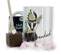 Hairyworm Personalised Mug and Belgian Milk Chocolate/Hot Chocolate Stirrer Marshmallow Gift Set, Customised with Name and Text, (11oz) White, Yellow, Blue, Black, Pink Mug with Badger Bow Tie Design