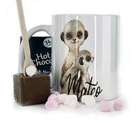 Hairyworm Personalised Mug and Belgian Milk Chocolate/Hot Chocolate Stirrer Marshmallow Gift Set, Custom Name (11oz) Thank You, Love You, Happy Birthday Mug with Meerkat Baby & Adult Design