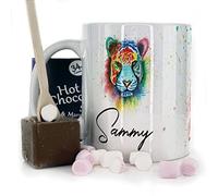 Hairyworm Personalised Mug and Belgian Milk Chocolate/Hot Chocolate Stirrer Marshmallow Gift Set, Custom Name (11oz) White, Yellow, Blue, Black, Pink Mug with Multicolour Tiger Design, Tiger Mug