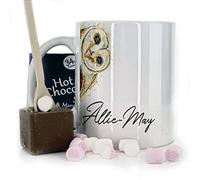Hairyworm Personalised Mug and Belgian Milk Chocolate/Hot Chocolate Stirrer Marshmallow Gift Set, Custom Name (11oz) White, Yellow, Blue, Black, Pink Mug with Multicolour Barn Owl Design, Owl Mug