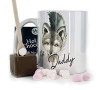 Hairyworm Personalised Mug and Belgian Milk Chocolate/Hot Chocolate Stirrer Marshmallow Gift Set, Customised with Name and Text, (11oz) White, Yellow, Blue, Black, Pink Mug with Wolf Glasses Design