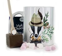 Hairyworm Personalised Mug and Belgian Milk Chocolate/Hot Chocolate Stirrer Marshmallow Gift Set, Custom Name (11oz) Thank You, Love You, Happy Birthday Mug with Badger Feather Hat Design