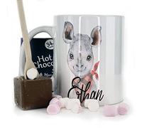Hairyworm Personalised Mug and Belgian Milk Chocolate/Hot Chocolate Stirrer Marshmallow Gift Set, Custom Name (11oz) White, Yellow, Blue, Black, Pink Mug with Rhino Red Check Design