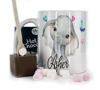 Hairyworm Personalised Mug and Belgian Milk Chocolate/Hot Chocolate Stirrer Marshmallow Gift Set, Custom Name (11oz) White, Yellow, Blue, Black, Pink Mug with Elephant Hearts Design