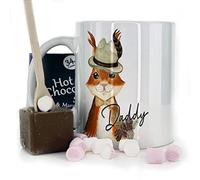 Hairyworm Personalised Mug and Belgian Milk Chocolate/Hot Chocolate Stirrer Marshmallow Gift Set, Customised with Name and Text, (11oz) White, Yellow, Blue, Black, Pink Mug with Red Squirrel Design