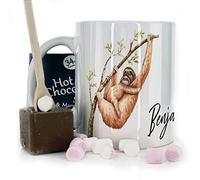 Hairyworm Personalised Mug and Belgian Milk Chocolate/Hot Chocolate Stirrer Marshmallow Gift Set, Custom Name (11oz) Thank You, Love You, Happy Birthday Mug with Sloth Design Print