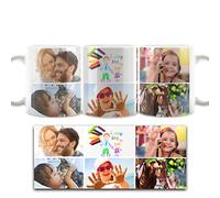 Hairyworm Personalised Mug and Belgian Milk Chocolate/Hot Chocolate Stirrer Marshmallow Gift Set, Tea Cup, Coffee Mug, Personalised Gift, (11oz) White Mug Customised with Six Image Photo Collage