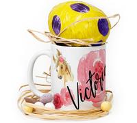 Hairyworm Personalised Mug and Dairy Milk Chocolate Easter Egg Gift Set, Custom Name (11oz) White, Yellow, Blue, Black, Pink Mug with Name on Palomino Pony & Rose Flower Print Design