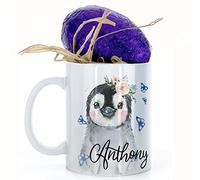 Hairyworm Personalised Mug and Dairy Milk Chocolate Easter Egg Gift Set, Custom Name (11oz) White, Yellow, Blue, Black, Pink Mug with Penguin Butterfly Design