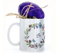 Hairyworm Personalised Mug and Dairy Milk Chocolate Easter Egg Gift Set, Custom Name (11oz) White, Yellow, Black, Pink Mug with Blue Butterfly Ladybird Daisy Wildflower Garden Design