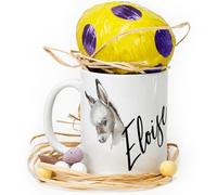 Hairyworm Personalised Mug and Dairy Milk Chocolate Easter Egg Gift Set, Custom Name (11oz) White, Yellow, Blue, Black, Pink Mug with Name on Grey Donkey Print Design