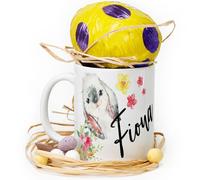 Hairyworm Personalised Mug and Dairy Milk Chocolate Easter Egg Gift Set, Custom Name (11oz) White, Yellow, Blue, Black, Pink Mug with Name on Grey Donkey & Light Pink Flower Design