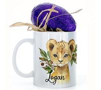 Hairyworm Personalised Mug and Dairy Milk Chocolate Easter Egg Gift Set, Custom Name (11oz) White, Yellow, Blue, Black, Pink Mug with Lion Olive Branch Design