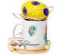 Hairyworm Personalised Mug and Dairy Milk Chocolate Easter Egg Gift Set, Custom Name (11oz) White, Yellow, Blue, Black, Pink Mug with Multicolour Lion Design, Lion Mug