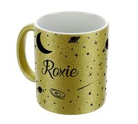 Hairyworm Personalised Mug, Customised with Name/Text, Ceramic 11oz Gold, Silver, Blue, Pink Glitter Cup with Galaxy Star Space Design