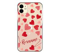 Hairyworm Personalised Phone Case For Samsung Galaxy A Phones, A15, A16, A34, A36, A25, A51, A52, A53, A54, A55, A56, Red Line and Spot Hearts with Red Name/Initials on Clear Case, Hard Cover
