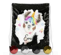 Hairyworm Personalised Sequin Bag, Gold, Silver, Red Sequin Flip Drawstring Backpack Customised with Name/Text, Alpaca Unicorn Design, PE Bag, Gym Bag, Gift Bag, Shopping Bag, Alpaca Bag